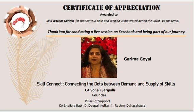 Certificate of Appreciation awarded to Garima Goyal